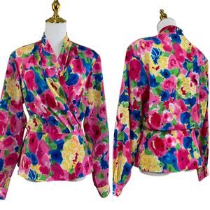 Vintage 80s Working Girl Evan Picone Pink Floral Peplum Wrap Blouse Size 10